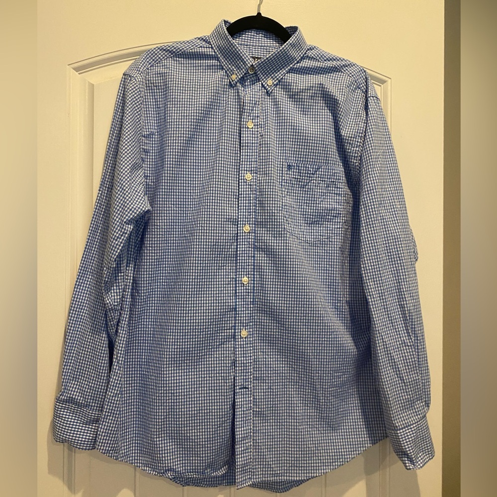 IZOD Mens Button Down Shirt Long Sleeve Blue White Gingham Check Medium